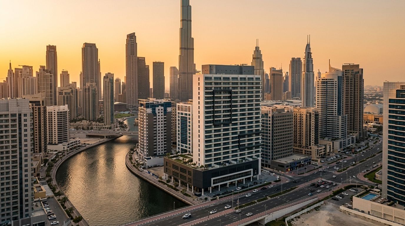 Wieża Sol Bay w Business Bay z Burj Khalifa w tle o zachodzie słońca