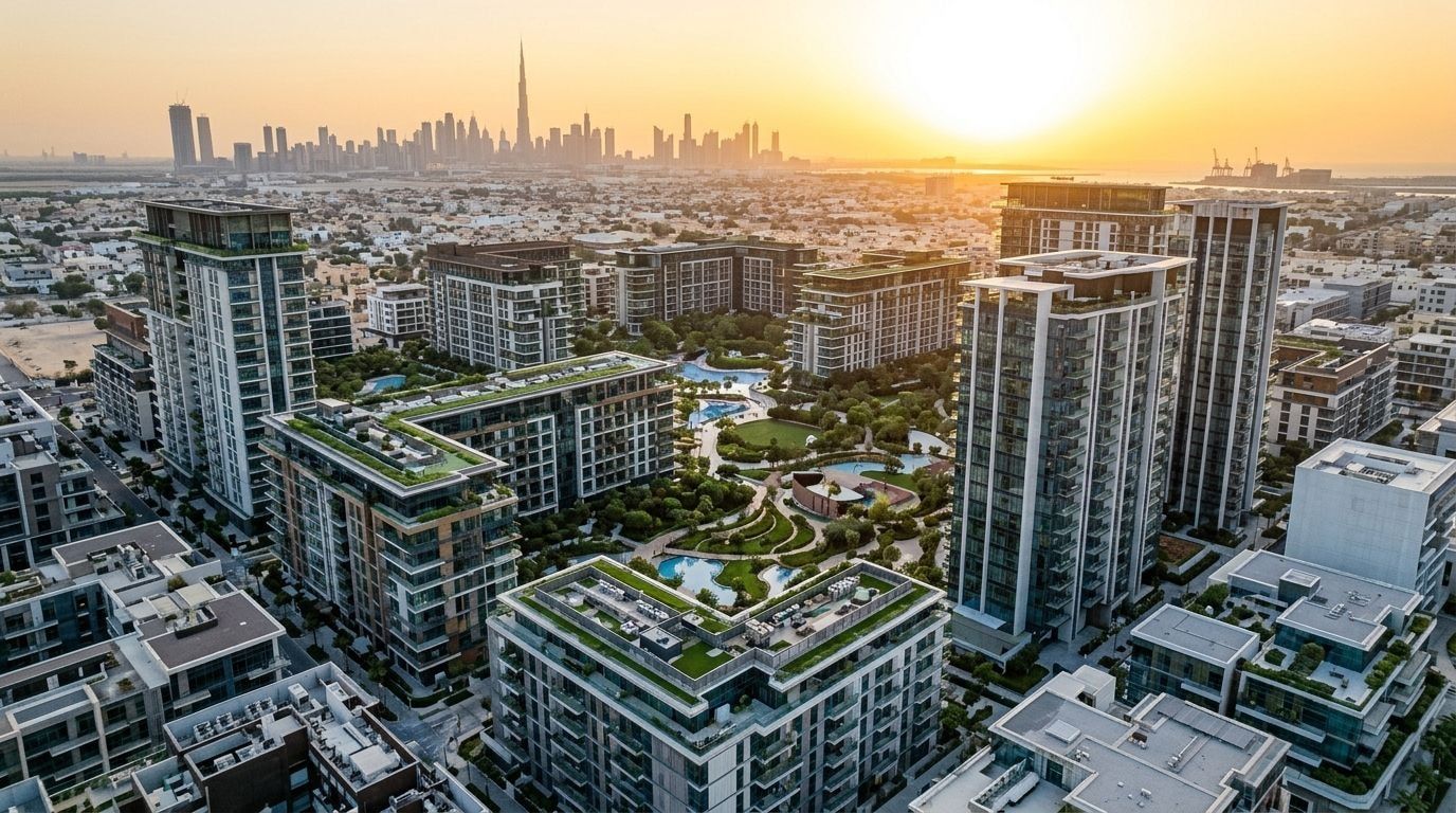 Lotniczy widok apartamentów Central Park wokół dużego parku w City Walk o zachodzie słońca
