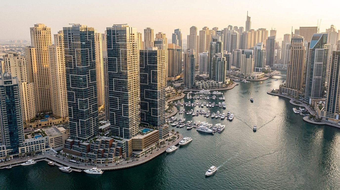 Lotniczy widok trzech wież Marina Gate u wejścia do Dubai Marina o zachodzie słońca