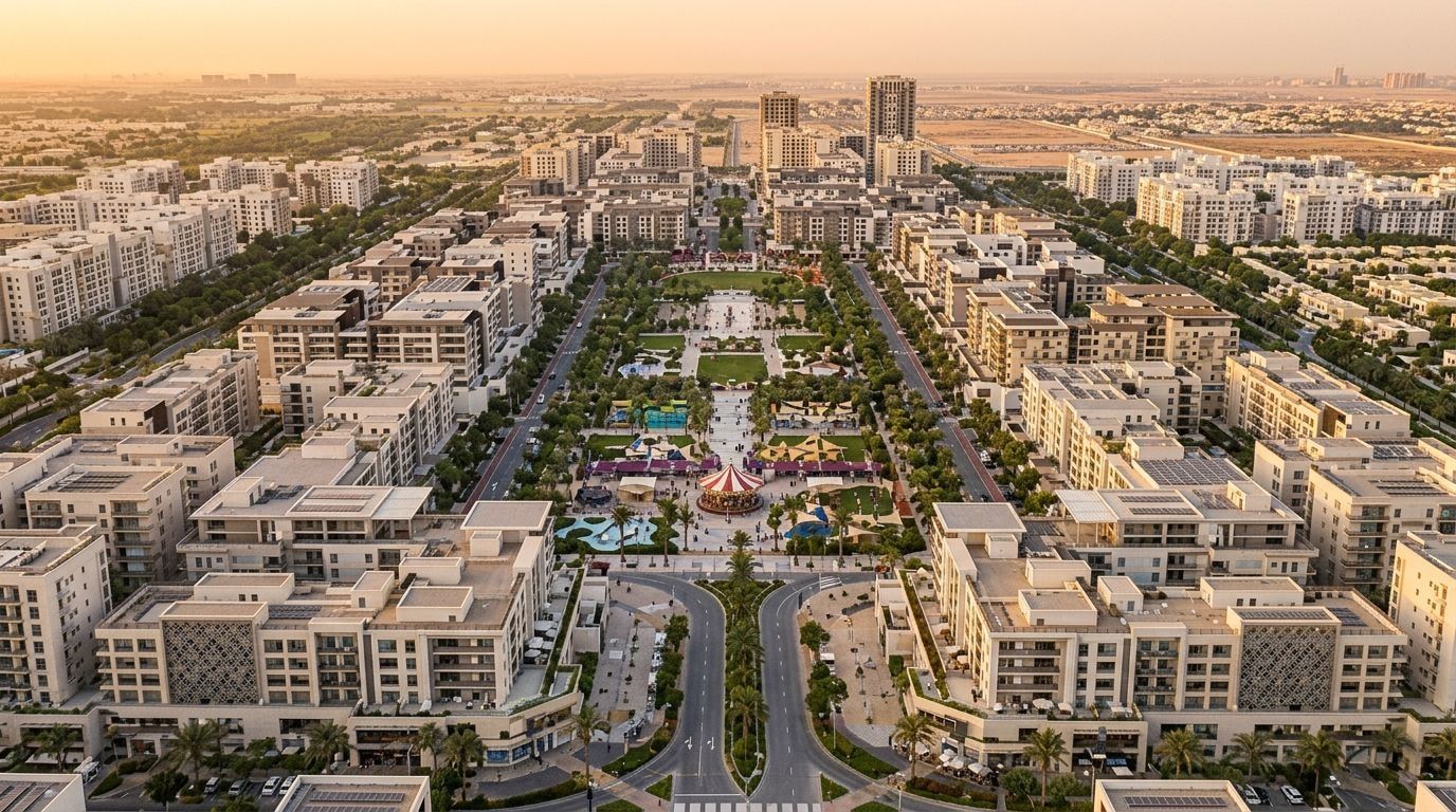 Lotniczy widok zielonej dzielnicy Town Square Dubai z centralnym parkiem o zachodzie słońca