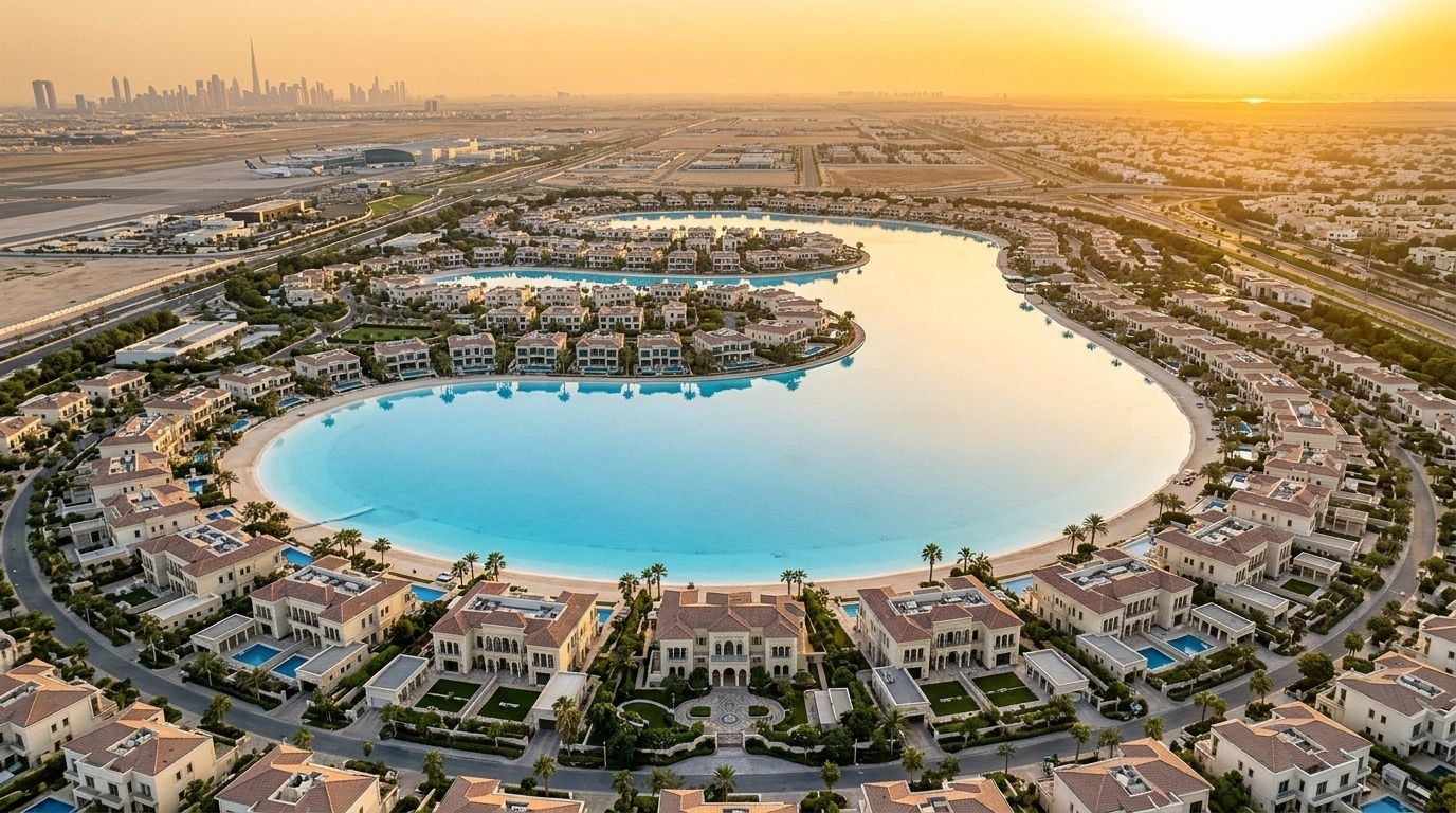 Lagunowa dzielnica willi i rezydencji South Bay w Dubai South o zachodzie słońca