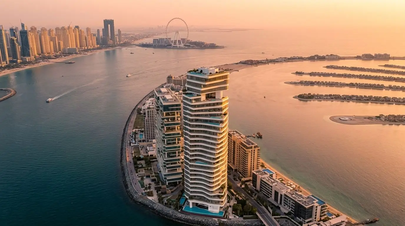 Lotniczy widok ultrasmukłej wieży AVA na Palm Jumeirah o zachodzie słońca
