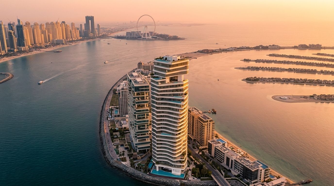 Lotniczy widok ultrasmukłej wieży AVA na Palm Jumeirah o zachodzie słońca