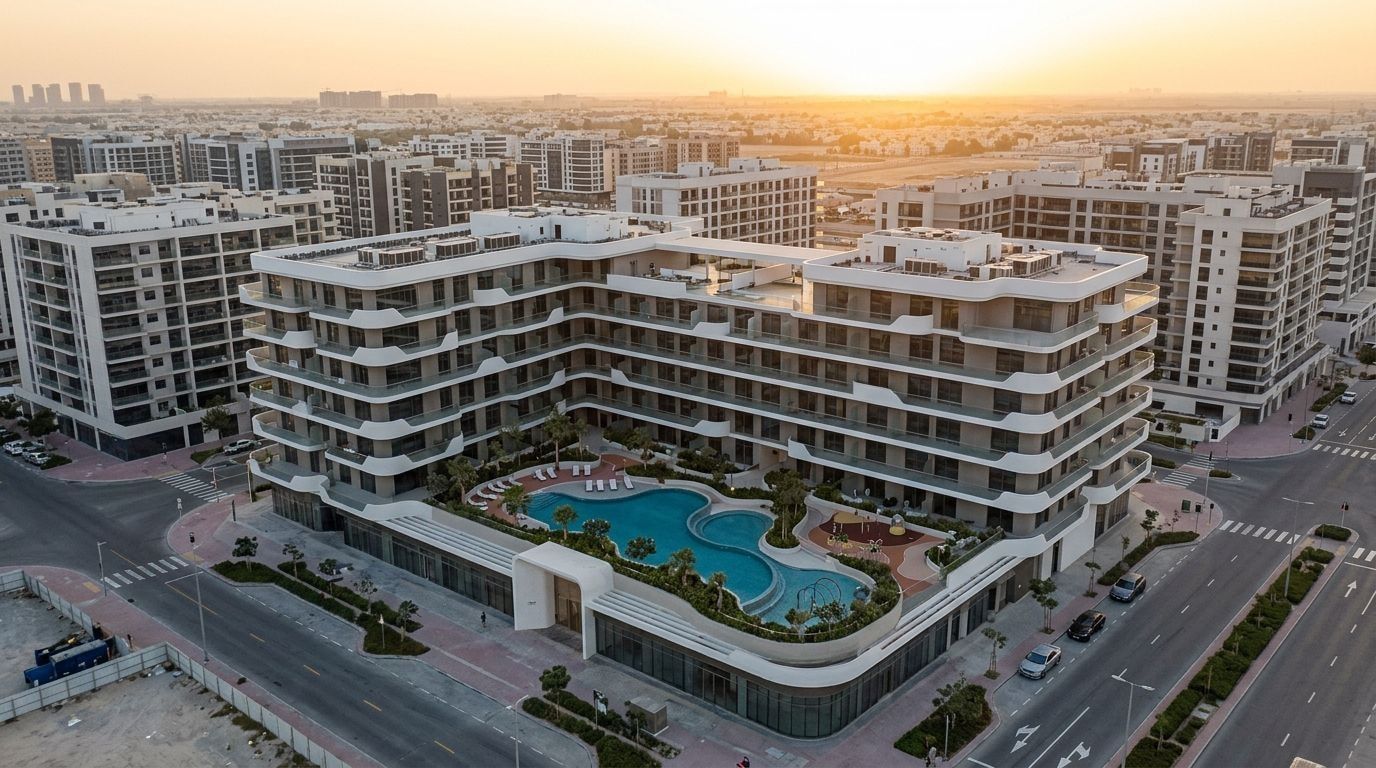 Apartamentowiec Oxford Cove o falującej architekturze w JVC o zachodzie słońca