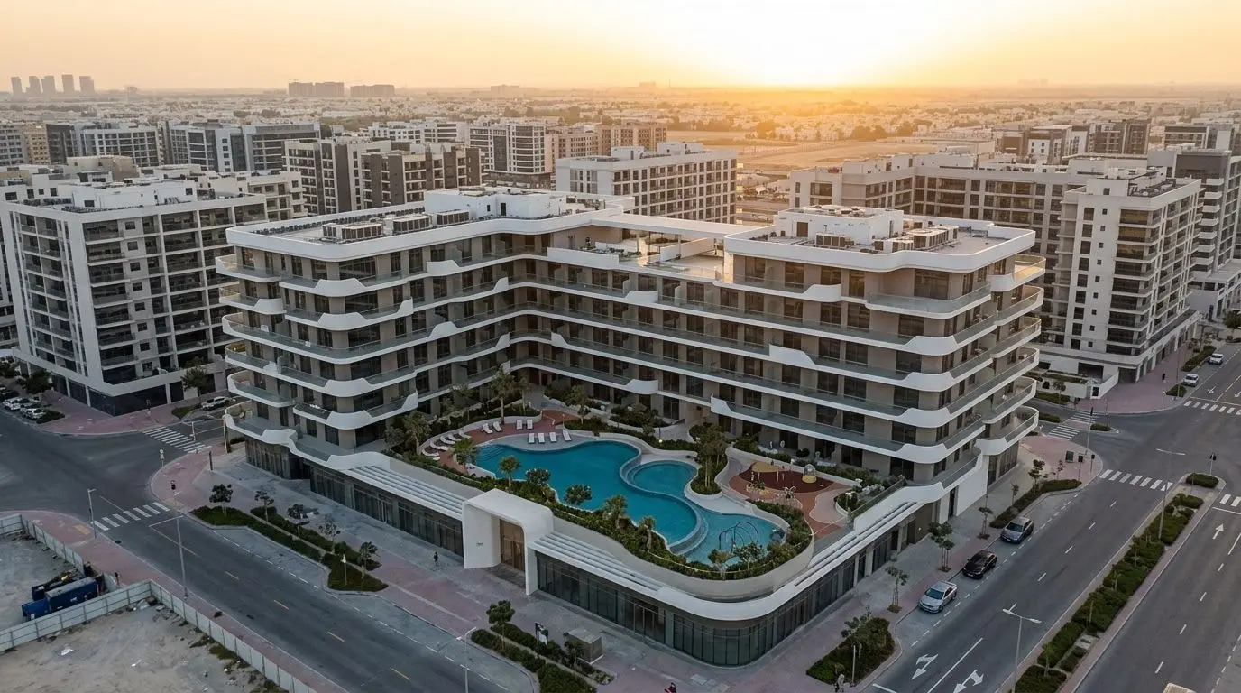 Apartamentowiec Oxford Cove o falującej architekturze w JVC o zachodzie słońca