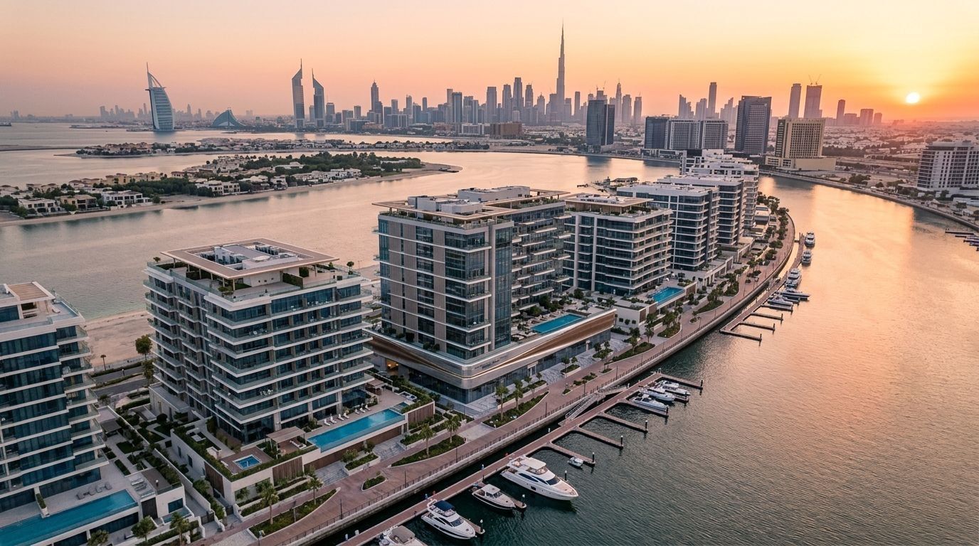 Rezydencja Luxury Canal Residences nad kanałem na Dubai Islands o zachodzie słońca