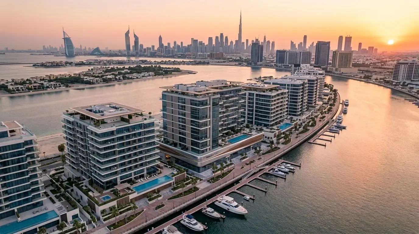 Rezydencja Luxury Canal Residences nad kanałem na Dubai Islands o zachodzie słońca