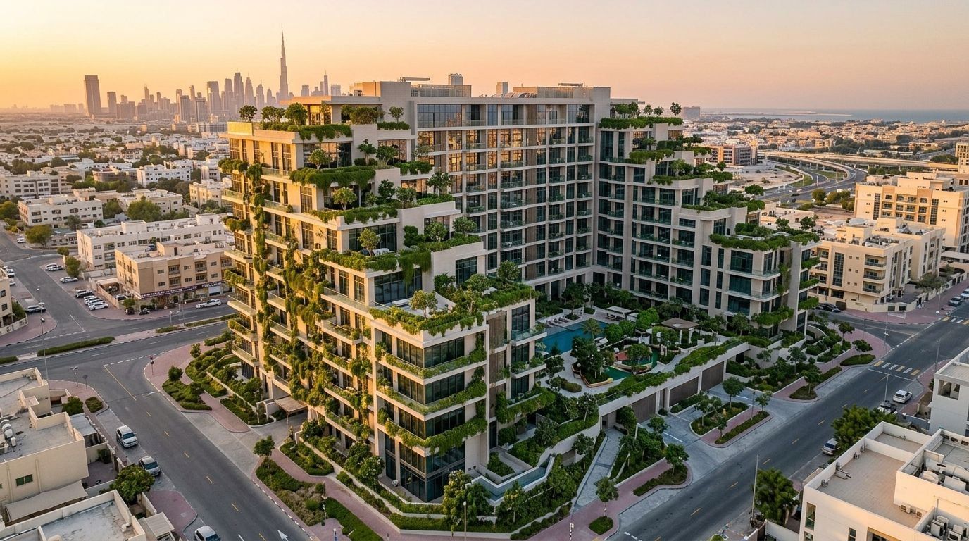Zielony budynek Olivia Gardens Residence w Jumeirah Garden City o zachodzie słońca