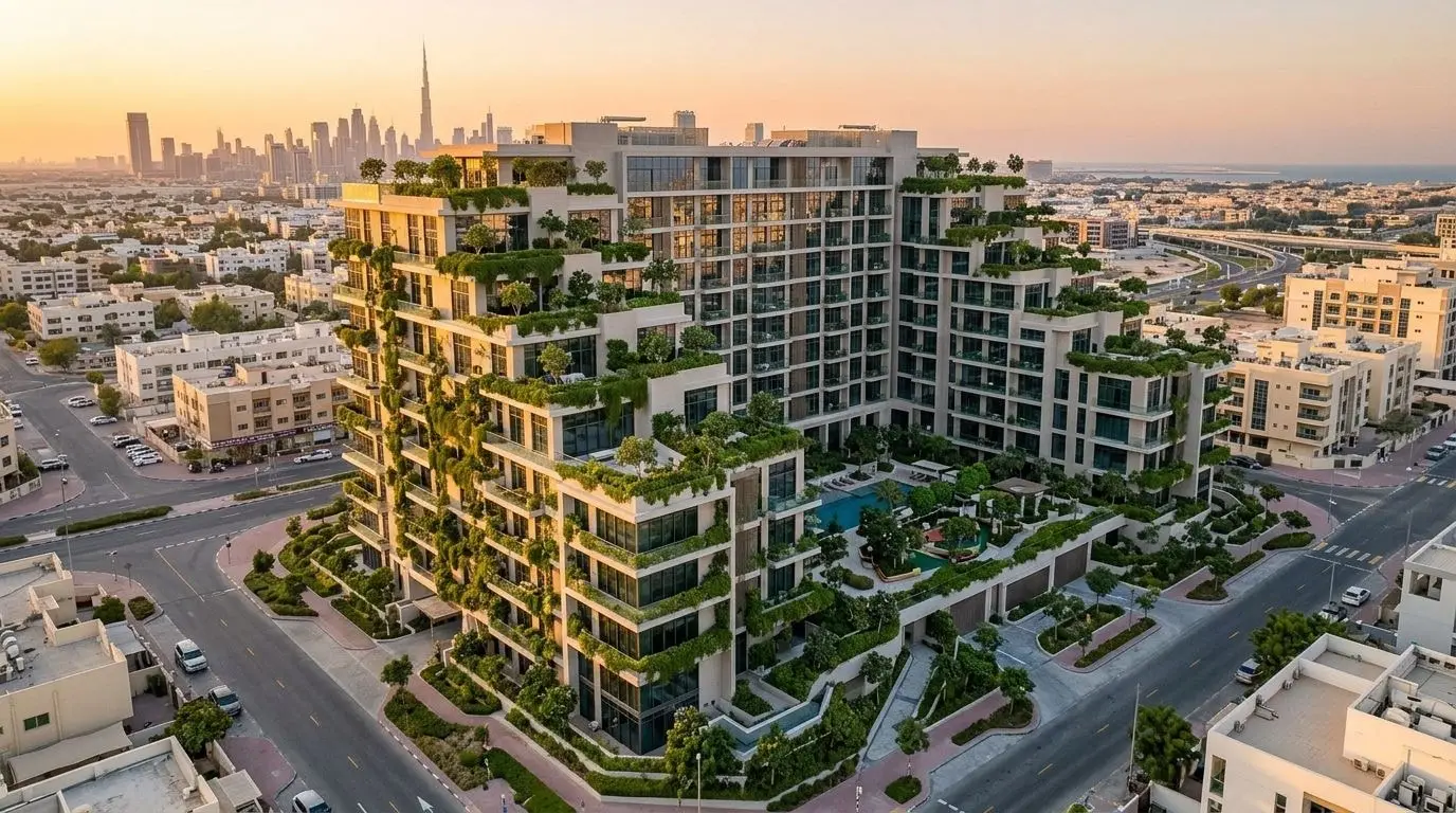 Zielony budynek Olivia Gardens Residence w Jumeirah Garden City o zachodzie słońca