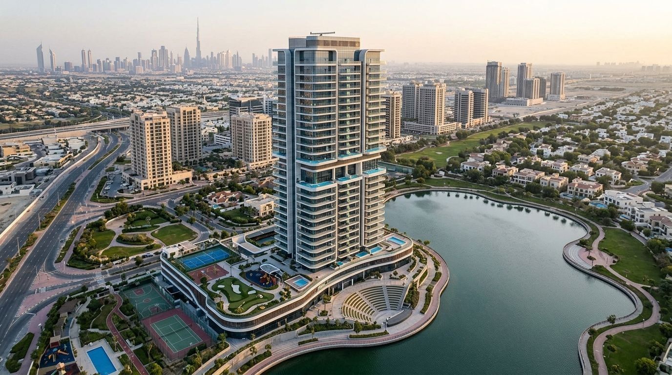 Nowoczesny apartamentowiec Empire Lake Views nad laguną w Liwan o zachodzie słońca