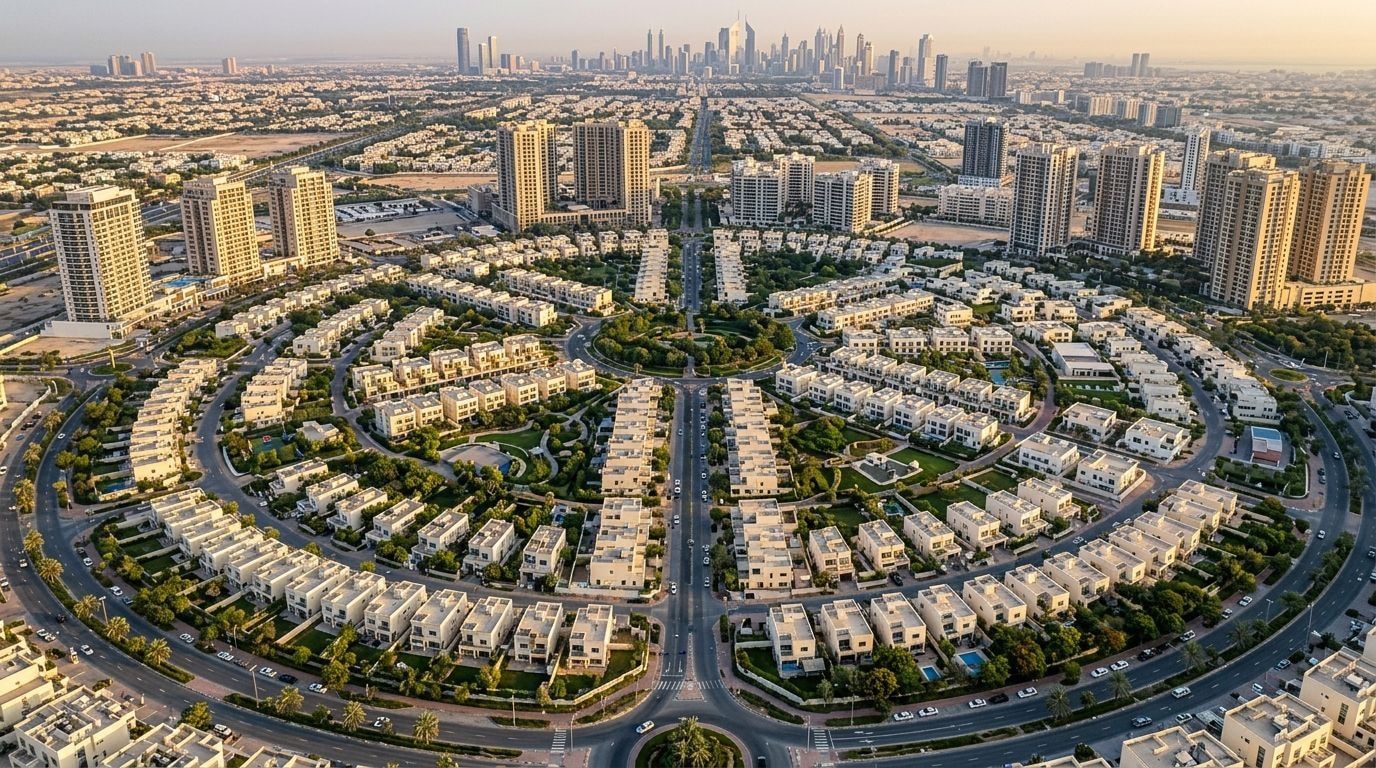 Lotniczy widok zielonej, rodzinnej społeczności Jumeirah Village Circle o zachodzie słońca