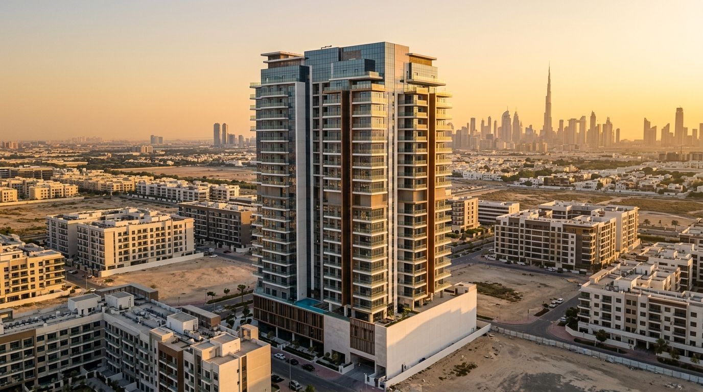 22-piętrowa wieża Nirvana Residences w Dubai Production City o zachodzie słońca