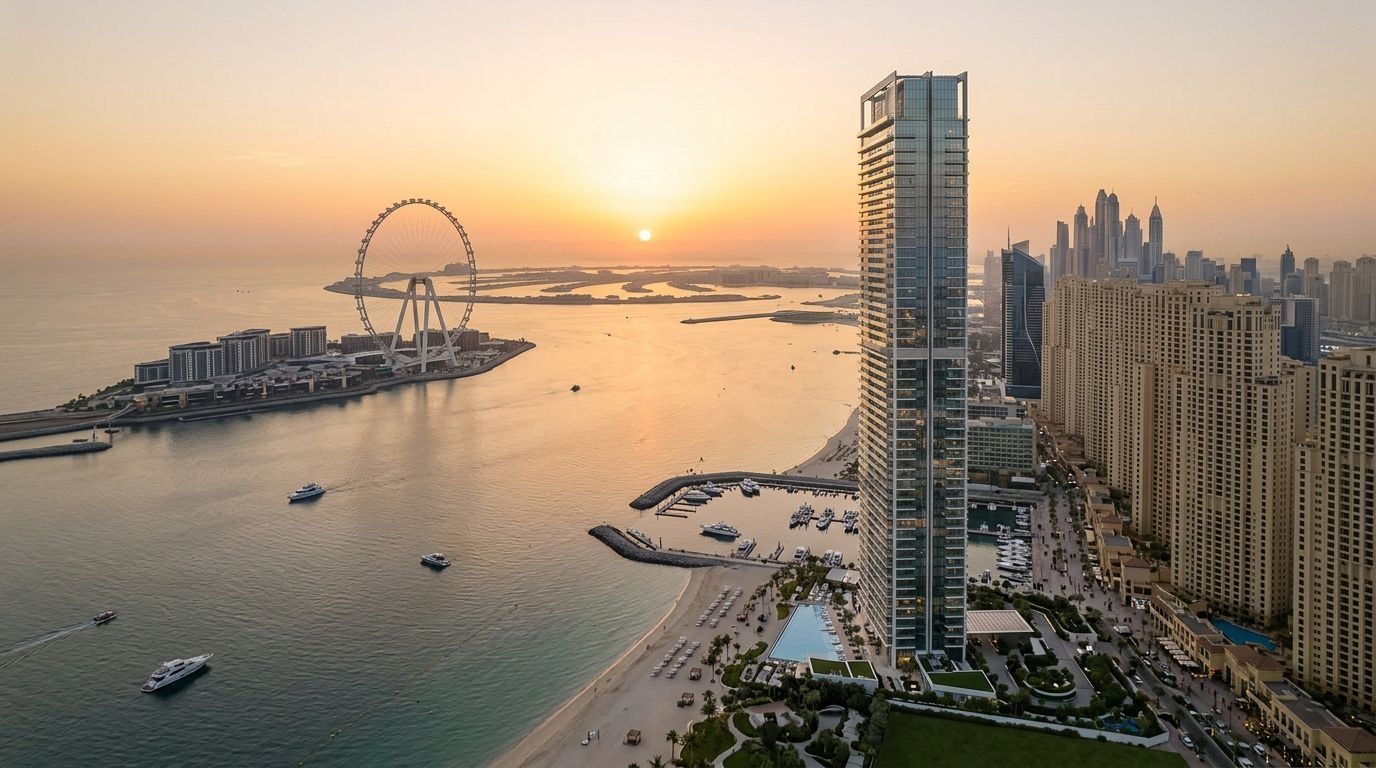 Nadmorska wieża apartamentowa 1/JBR na Jumeirah Beach Residence o zachodzie słońca, ujęcie z lotu ptaka nad morzem