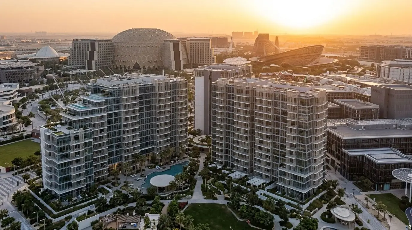 Zielone osiedle Mangrove Residences w Expo City Dubai o zachodzie słońca