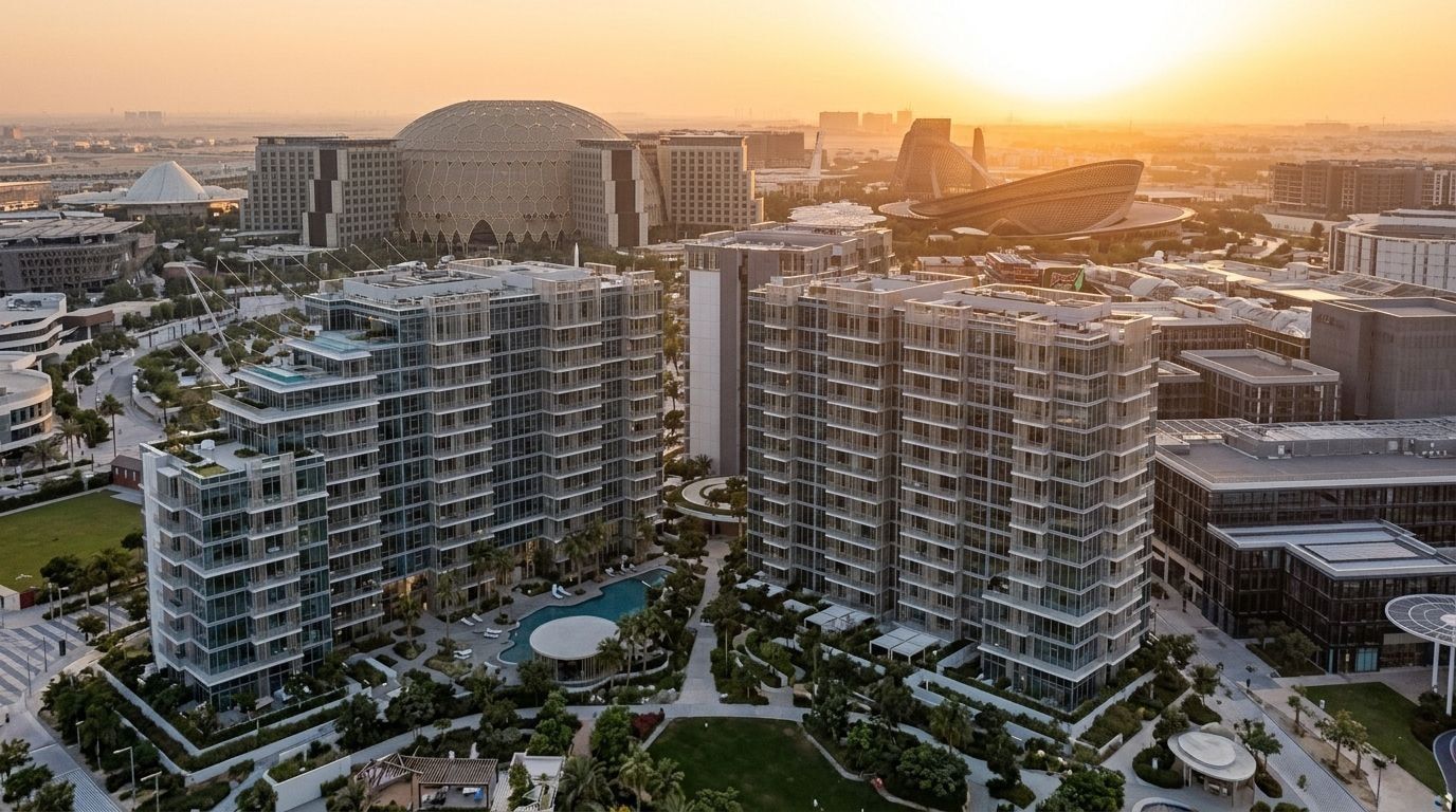 Zielone osiedle Mangrove Residences w Expo City Dubai o zachodzie słońca