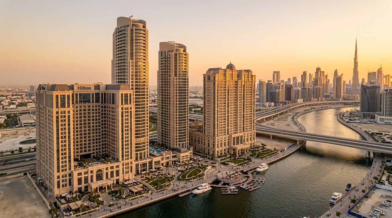 Lotniczy widok dzielnicy Al Habtoor City nad Dubai Water Canal o zachodzie słońca