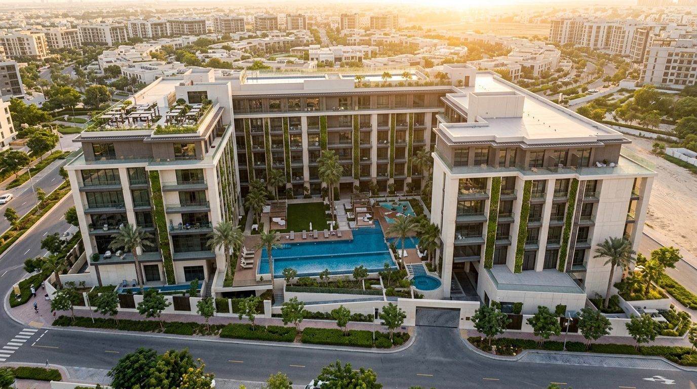 Butikowy budynek Berkeley Square w Jumeirah Village Circle o zachodzie słońca