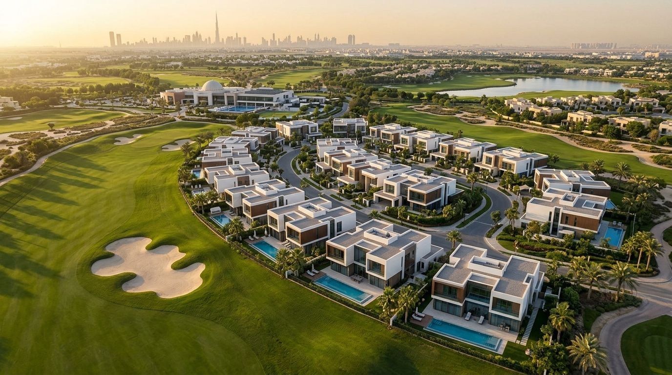 Kolekcja nowoczesnych willi D Villas przy polu golfowym Jumeirah Golf Estates o zachodzie słońca
