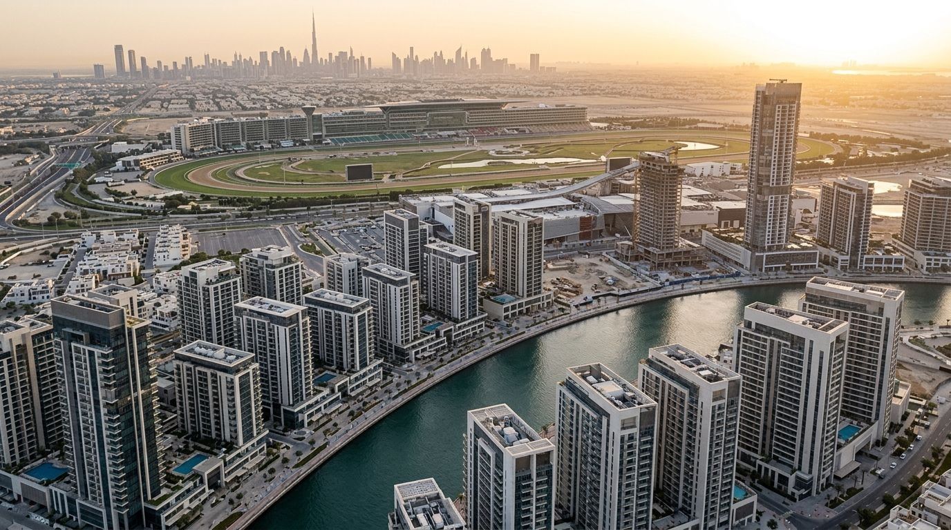 Lotniczy widok mieszkalnej dzielnicy Meydan One przy Dubai Water Canal o zachodzie słońca