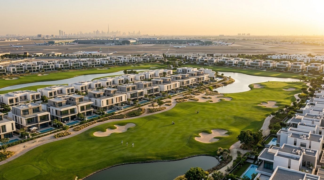 Zielona społeczność golfowa Emaar South z domami i fairwayami o zachodzie słońca
