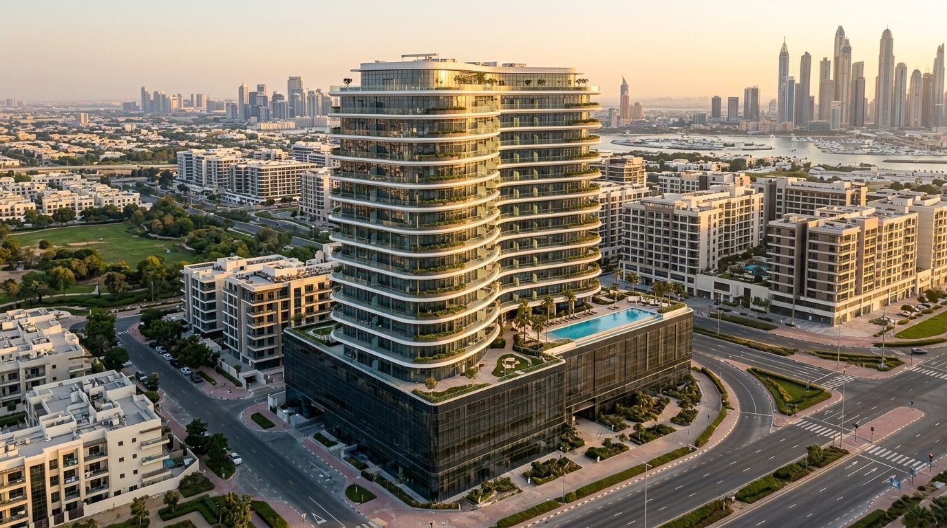 Umeblowany budynek apartamentowy Trussardi Residences w Al Furjan o zachodzie słońca