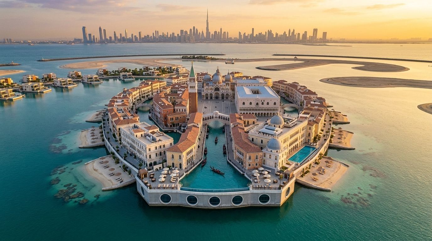 Lotniczy widok hotelu Floating Venice z kanałami na wodzie o zachodzie słońca