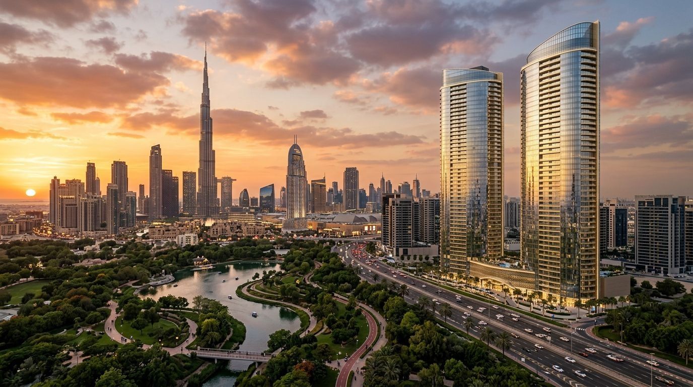 Nowoczesne luksusowe wieże Safa Gate by DAMAC przy Sheikh Zayed Road z widokiem na Safa Park o zachodzie słońca