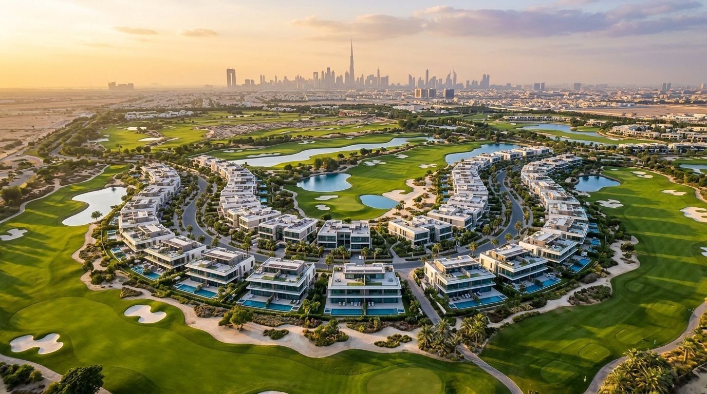 Luksusowe wille Terra Golf Collection przy polu golfowym w Jumeirah Golf Estates o zachodzie słońca