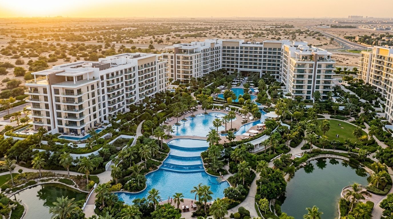Zielony budynek Samana Barari Views z ogrodami w Majan Dubailand o zachodzie słońca