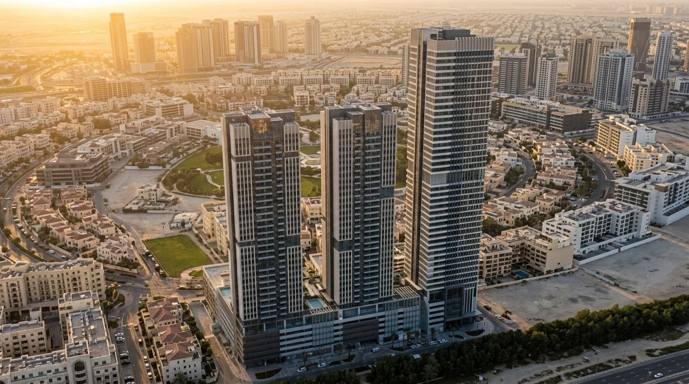 Lotniczy widok trzech mieszkalnych wież Bloom Towers w Jumeirah Village Circle o zachodzie słońca
