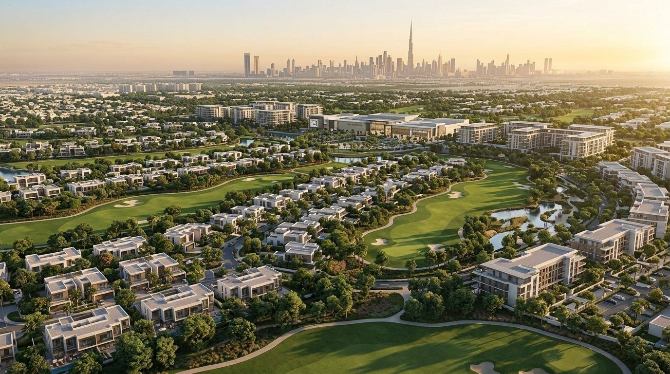 Lotniczy widok zielonej społeczności Dubai Hills Estate z polem golfowym o zachodzie słońca