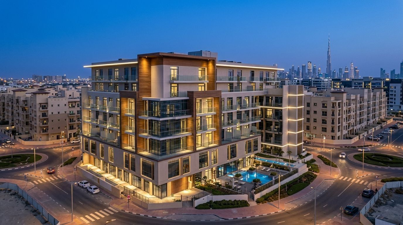 Nowoczesny apartamentowiec Oxford Residence 2 w Jumeirah Village Circle o zmierzchu