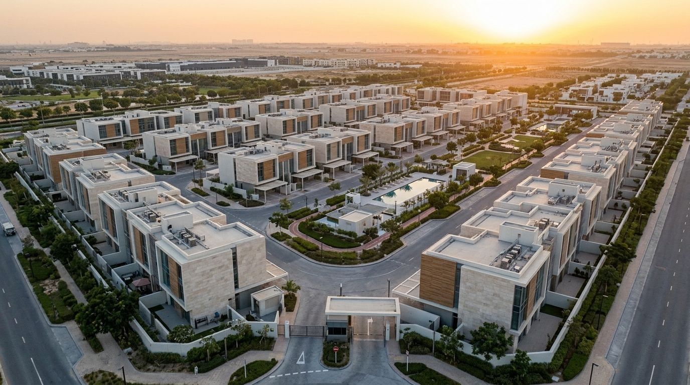 Zamknięte osiedle szeregówek The Pulse Townhouses w Dubai South o zachodzie słońca
