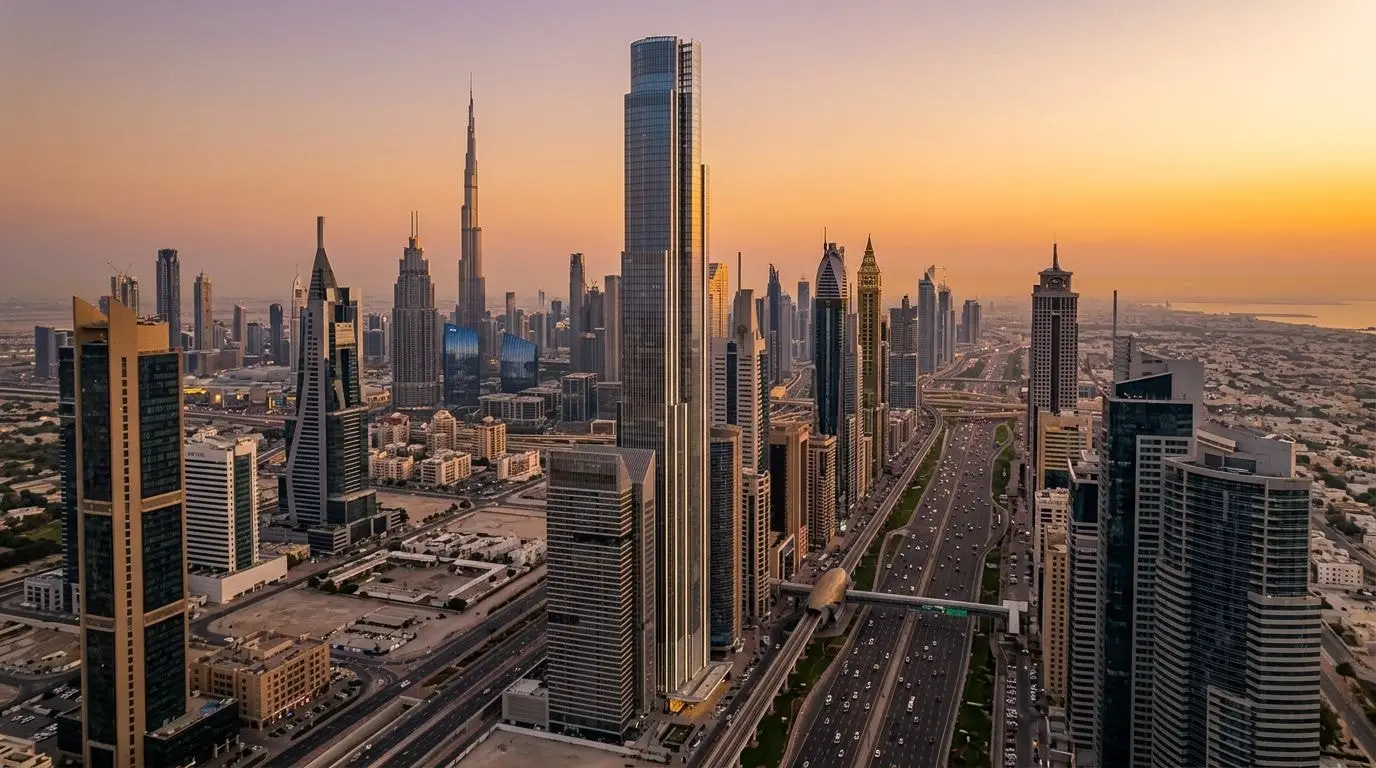 Ultrawysoka wieża Burj Azizi przy Sheikh Zayed Road o zachodzie słońca