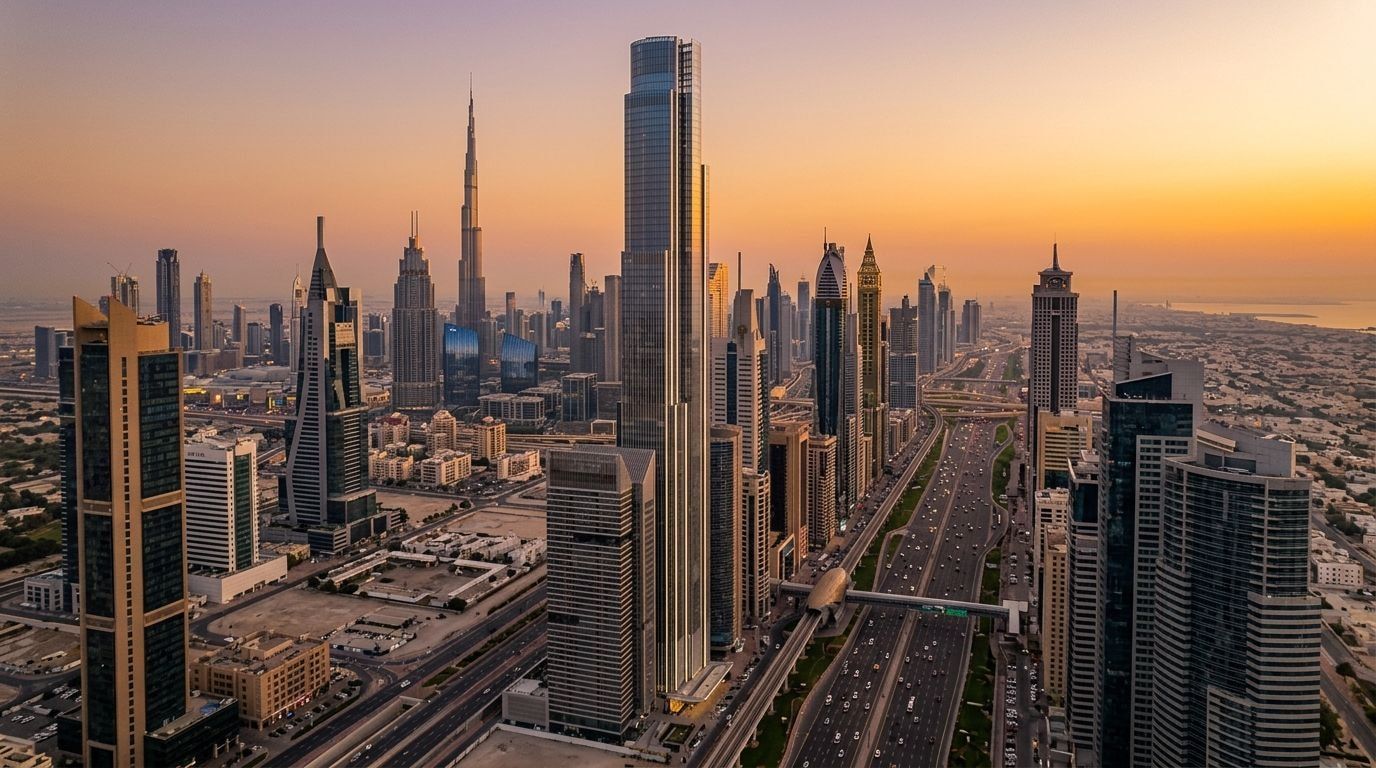Ultrawysoka wieża Burj Azizi przy Sheikh Zayed Road o zachodzie słońca