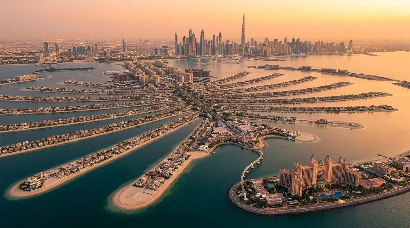 Lotniczy widok wyspy Palm Jumeirah z willami, plażami i panoramą Dubaju o zachodzie słońca
