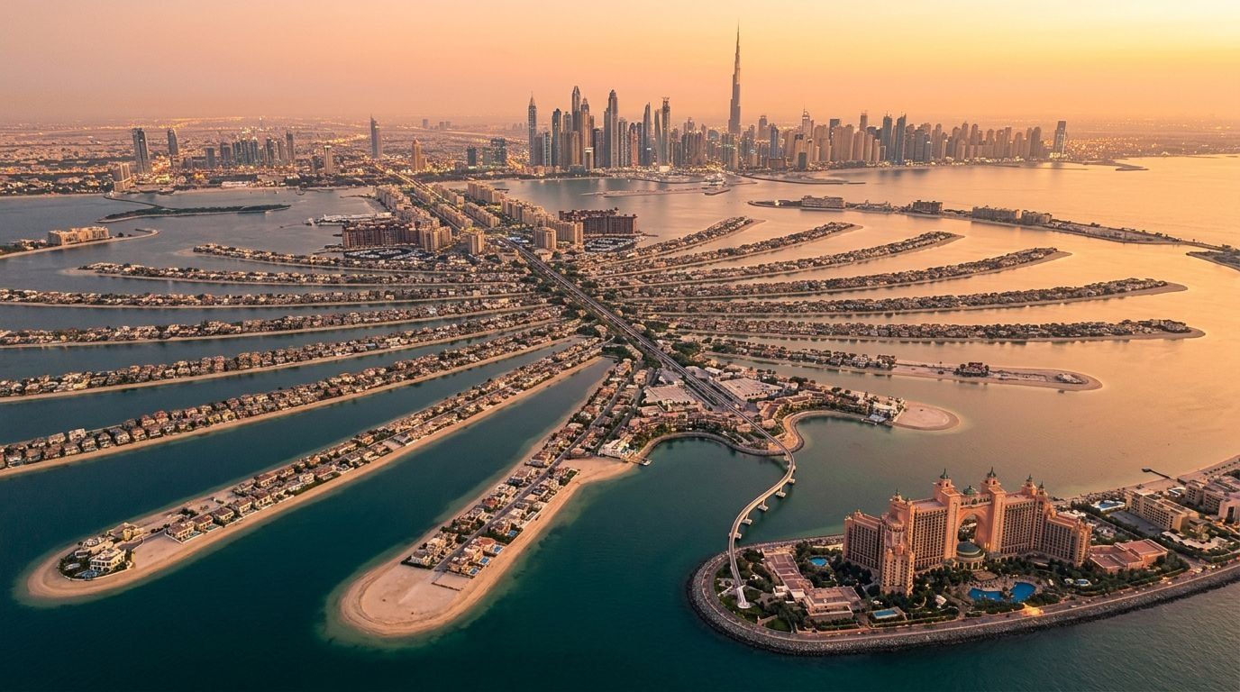 Lotniczy widok wyspy Palm Jumeirah z willami, plażami i panoramą Dubaju o zachodzie słońca