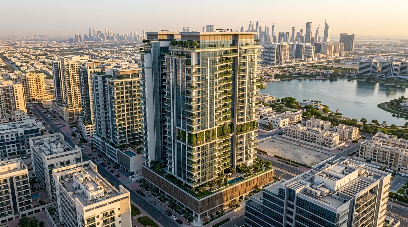Zielona wieża Eden 3 by Meraki w Dubai Production City o zachodzie słońca