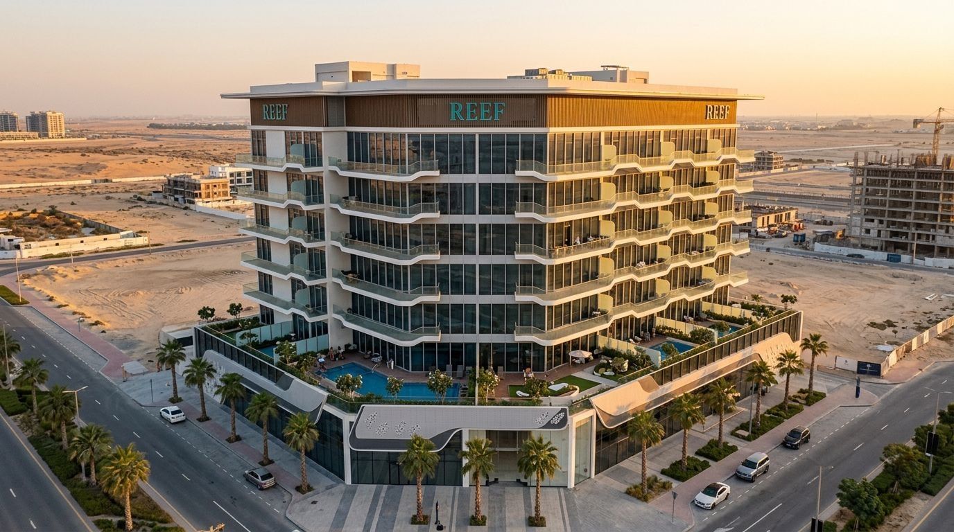 Nowoczesna wieża mieszkalna REEF 1000 w Dubailand o zachodzie słońca