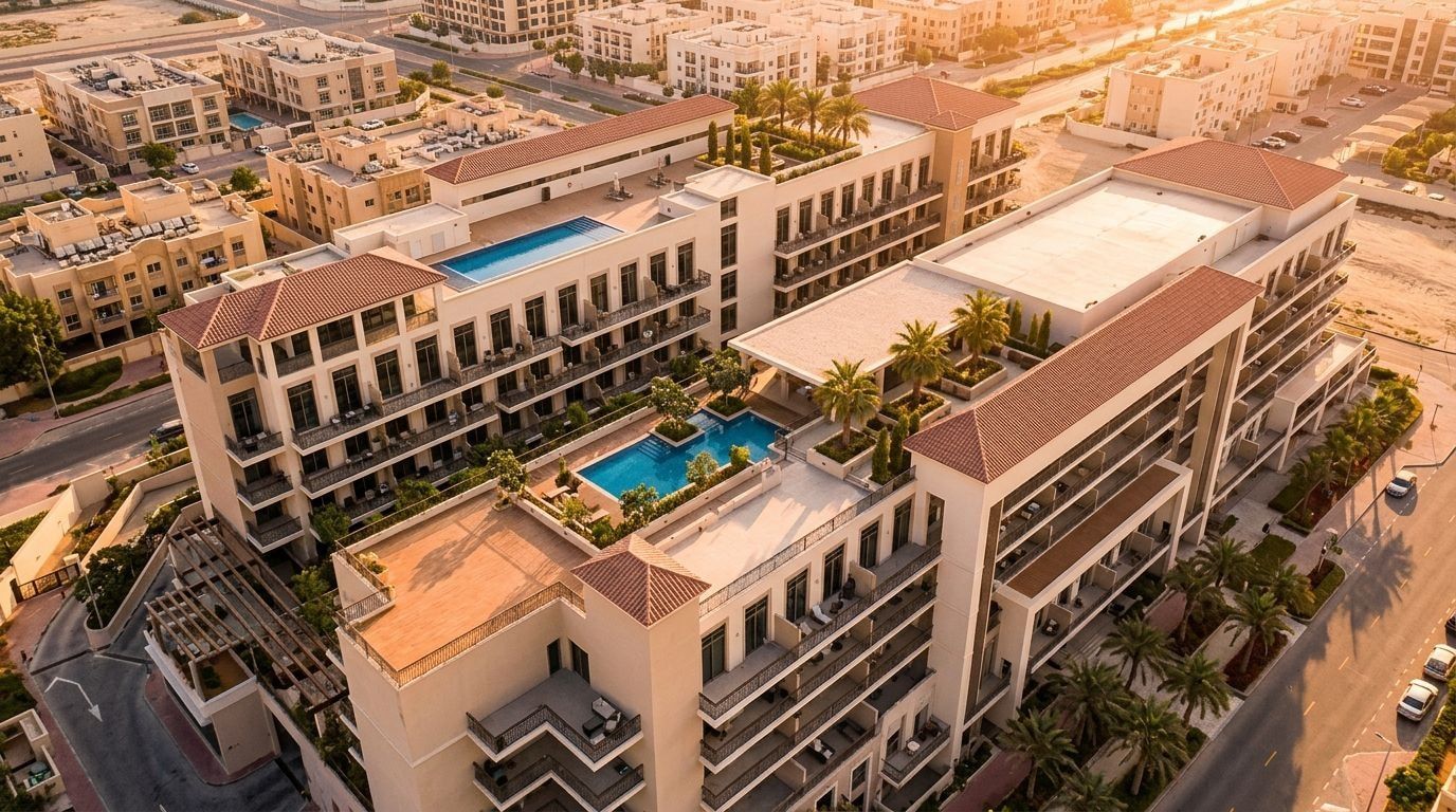 Śródziemnomorski budynek Laya Courtyard z dziedzińcem w Dubai Studio City o zachodzie słońca