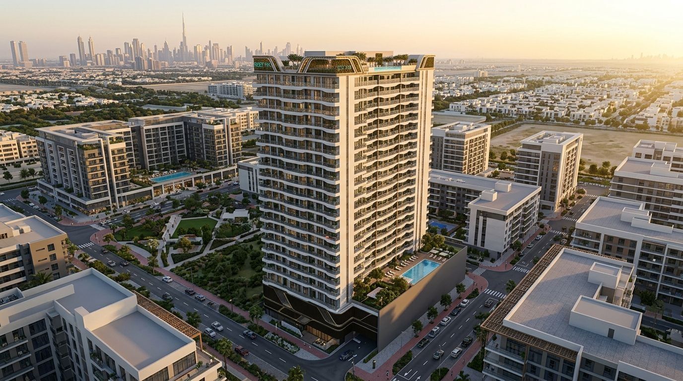 Dwudziestopiętrowa wieża REEF 996 w Dubai Production City o zachodzie słońca