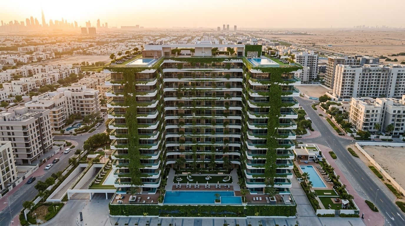 Zielona, obrośnięta bluszczem bryła Samana Ivy Gardens w Dubailand o zachodzie słońca