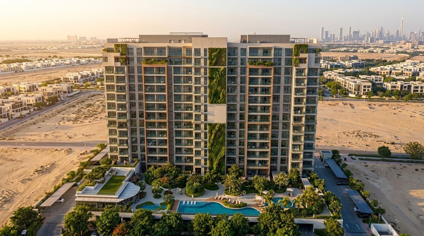 Dwie zielone wieże The Haven Residences w Majan o zachodzie słońca