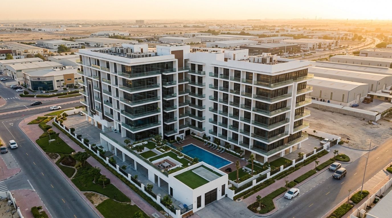 Lotniczy widok nowoczesnego apartamentowca Al Haseen Residences w Dubai Industrial City o zachodzie słońca