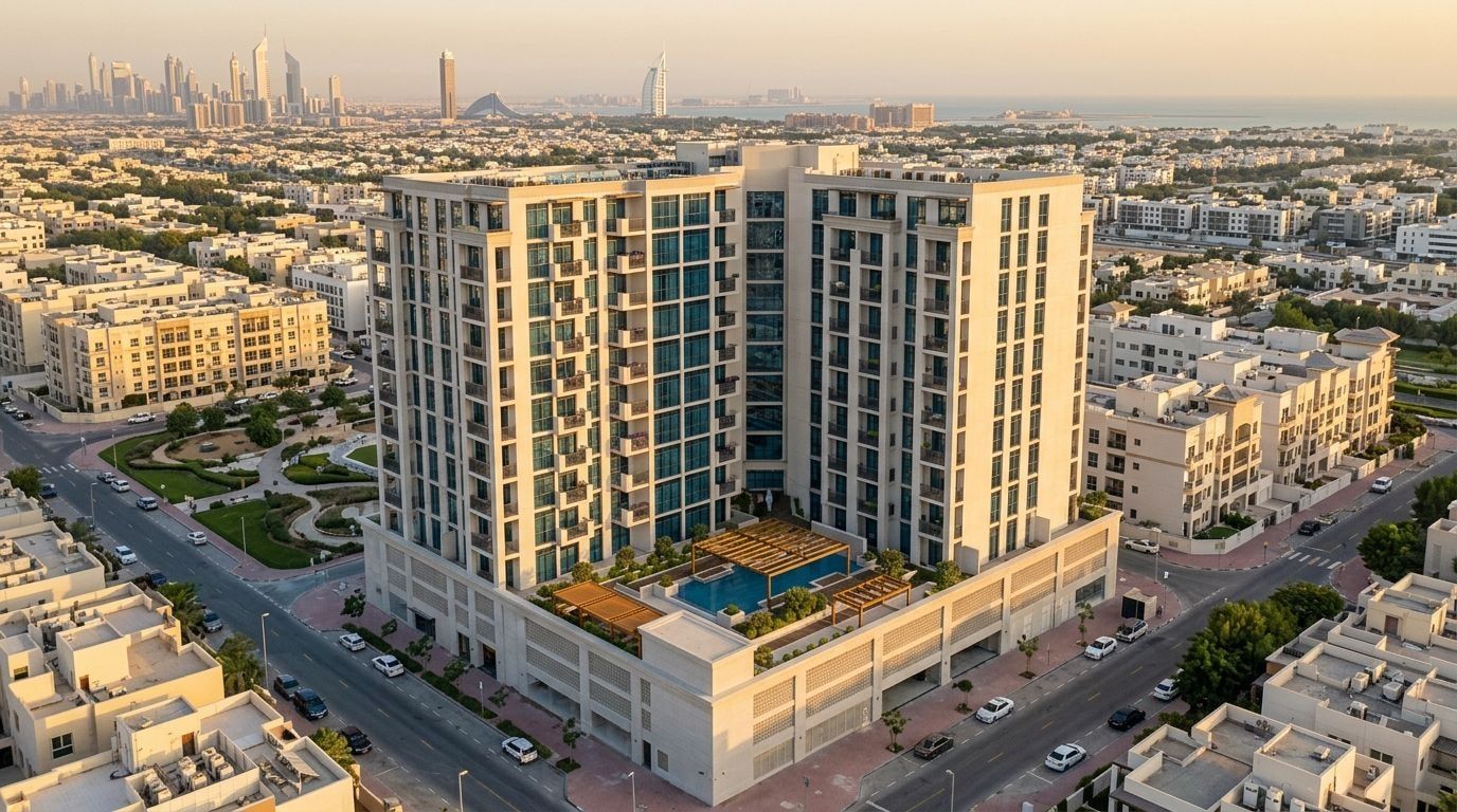 Gotowy nowoczesny budynek Avenue Residence 4 w Al Furjan o zachodzie słońca z lotu ptaka