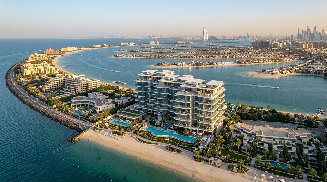 Lotniczy widok nadmorskiej rezydencji Orla na crescent Palm Jumeirah o zachodzie słońca