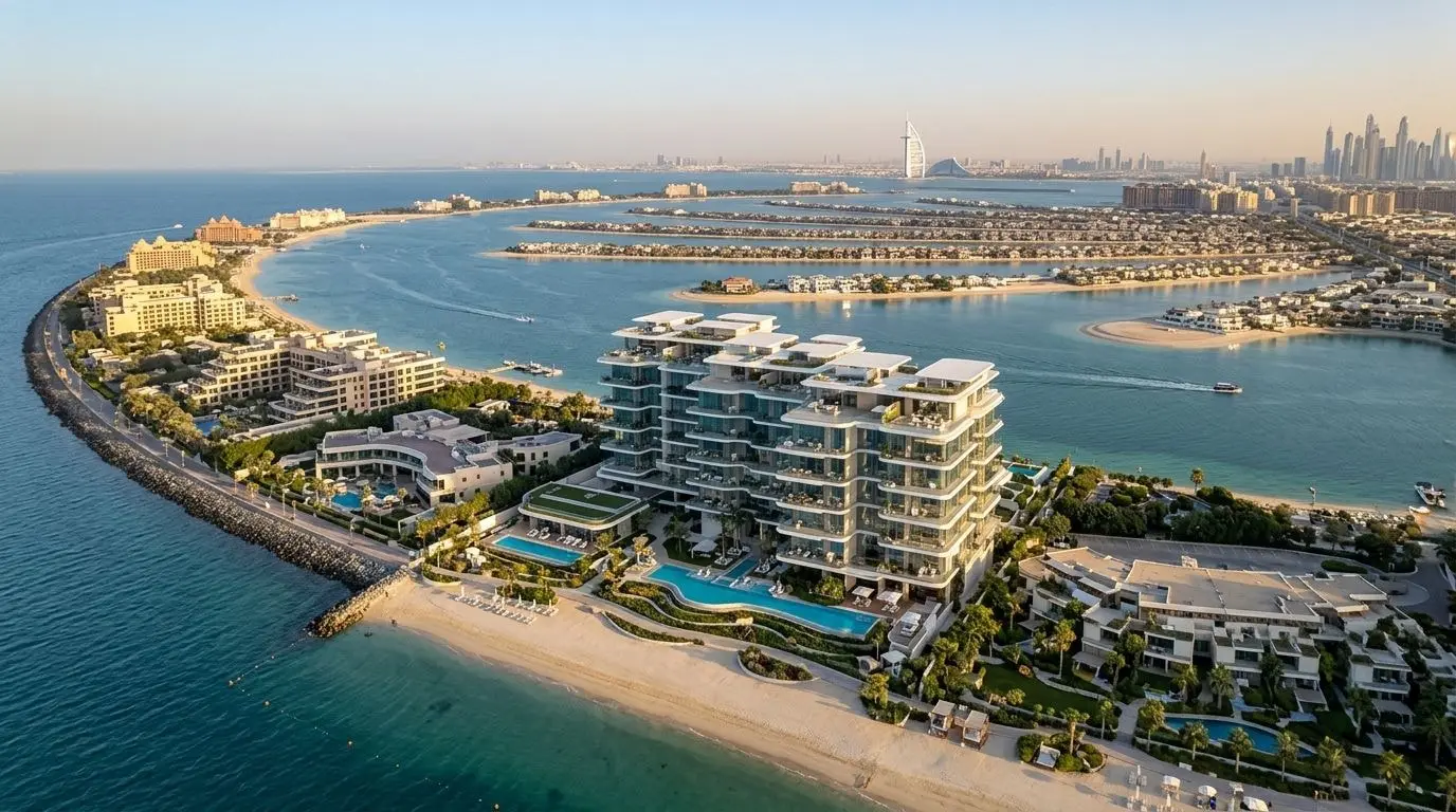 Lotniczy widok nadmorskiej rezydencji Orla na crescent Palm Jumeirah o zachodzie słońca