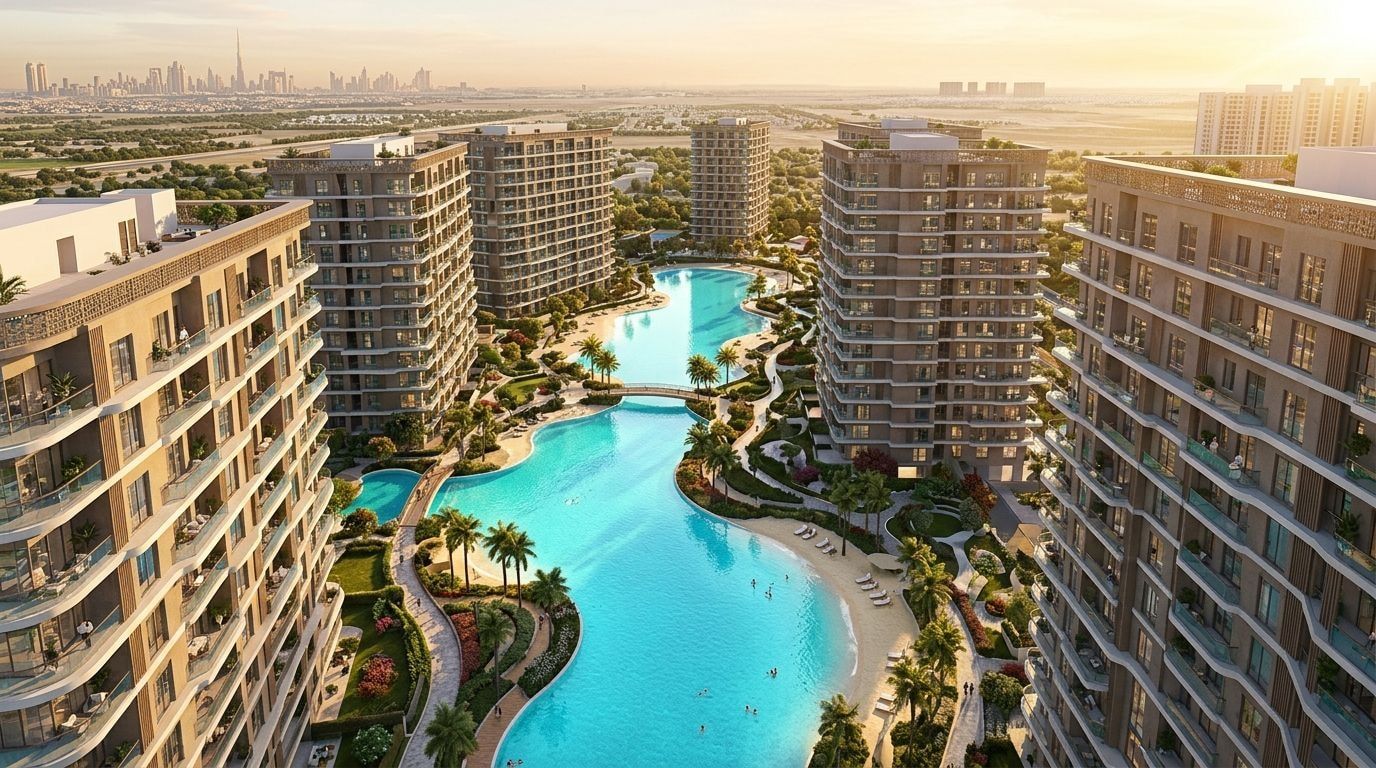 Lotniczy widok osiedla Peace Lagoons wokół turkusowej laguny w Dubailand o zachodzie słońca