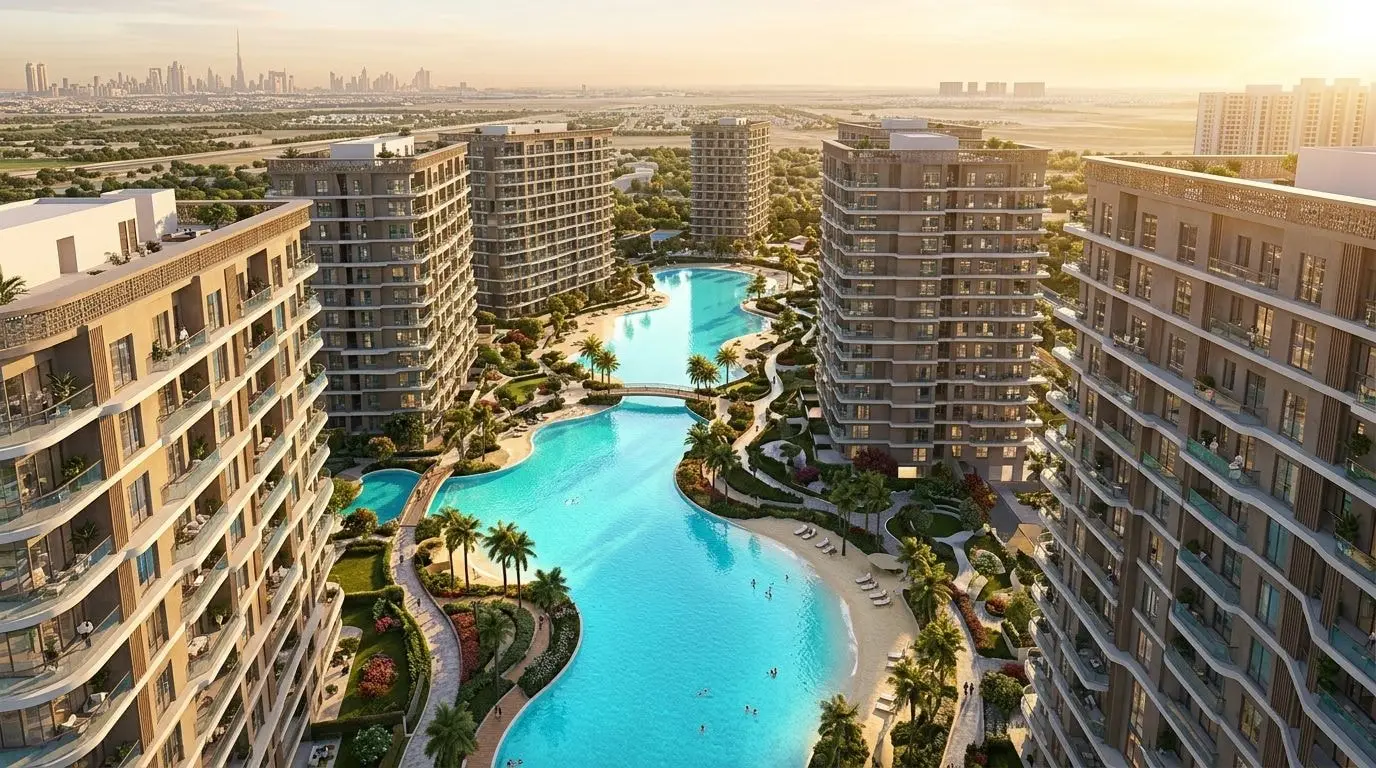 Lotniczy widok osiedla Peace Lagoons wokół turkusowej laguny w Dubailand o zachodzie słońca