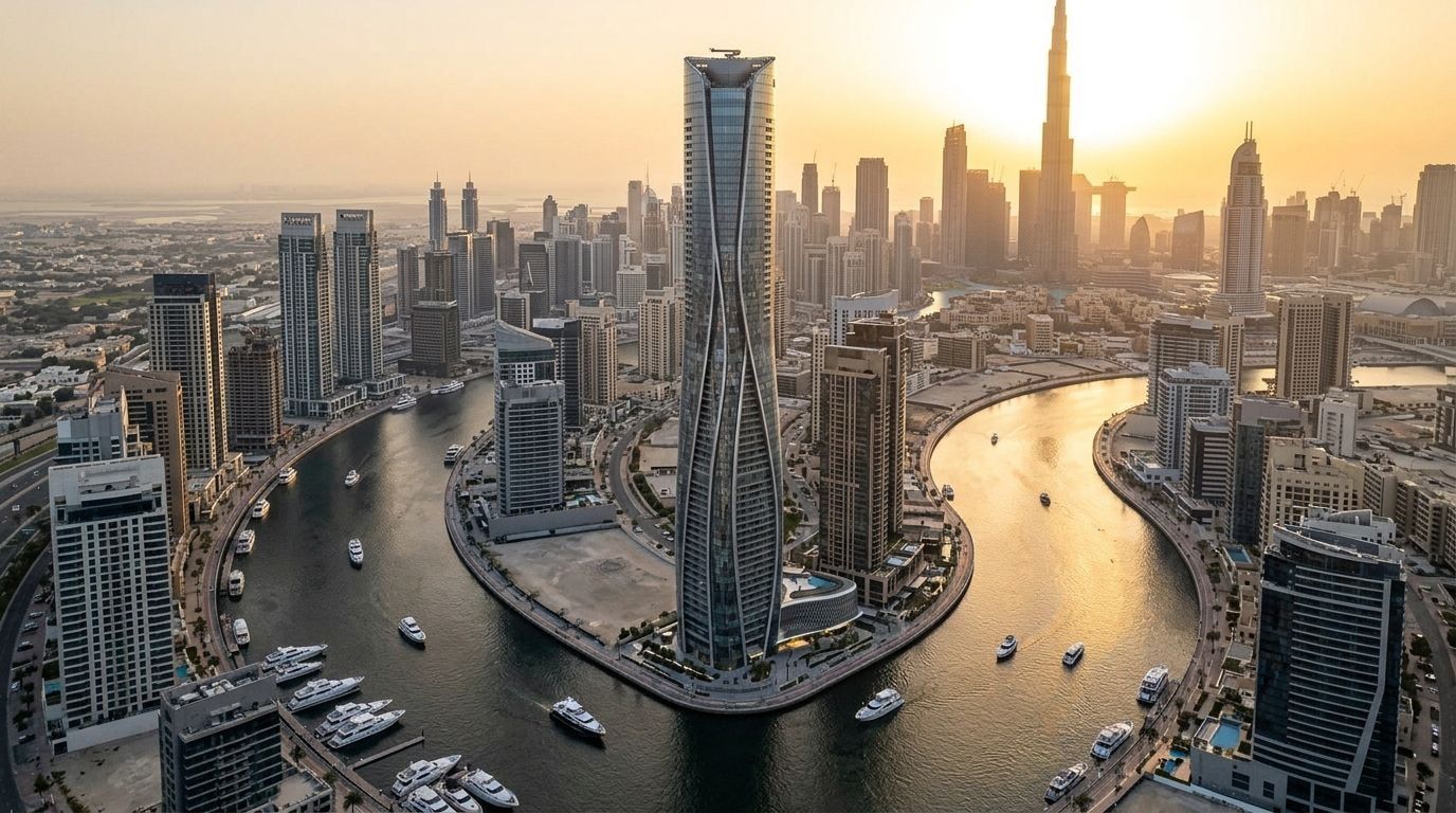 Rzeźbiarska wieża Waldorf Astoria Residences Dubai nad kanałem w Business Bay o zachodzie słońca